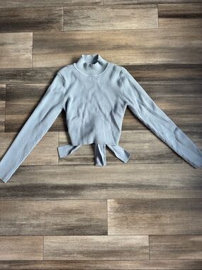 Zara Light Blue Ribbed Open-Back Tie Sweater